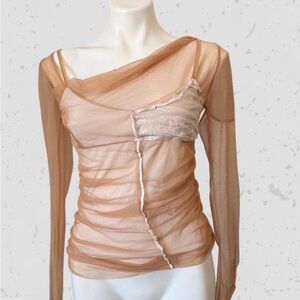 Sheer Ruched Mesh Long Sleeve Top in Nude